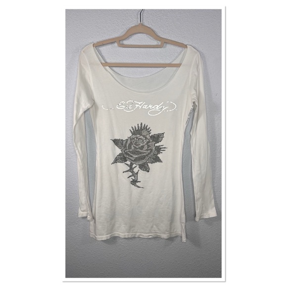 Ed Hardy by Christian Audigier Raw Neck Rose Embellished Cotton T Shirt Sz M - Picture 1 of 9